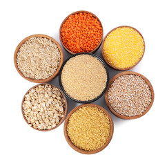 Different types of cereals isolated on white, top view