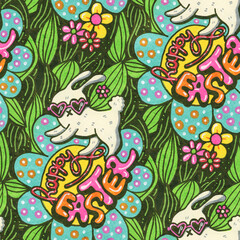 Easter seamless pattern with bunny and flowers. Hand-drawn illustration with markers.