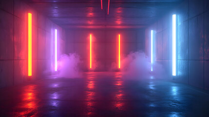 Neon Lights and Smoke in a Concrete Room - 3D Illustration