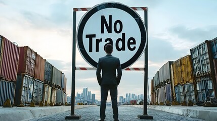 Businessman Confronted with Trade Restriction at Global Commerce Checkpoint