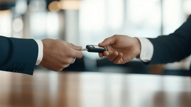 Agent's hands offering a remote key to a customer at a rental car desk, showcasing the joy of travel and exploration. photo