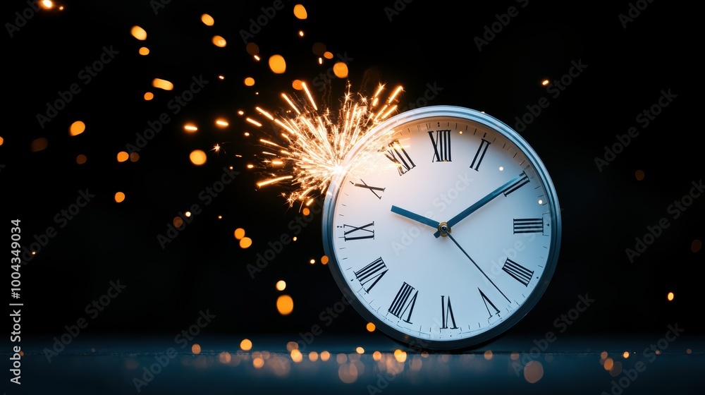 Poster a minimalist clock face with the hands pointing at midnight, with a single firework exploding above,