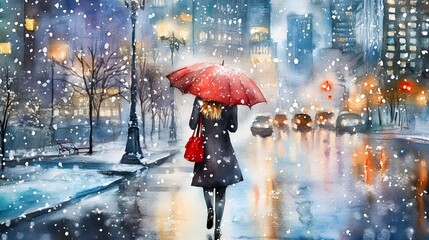 A girl in the city, walking with an umbrella under heavy snowfall, in the style of watercolor