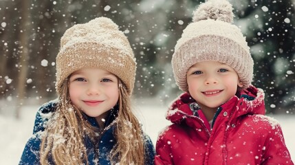 Two young children wearing hats and coats are smiling at the camera