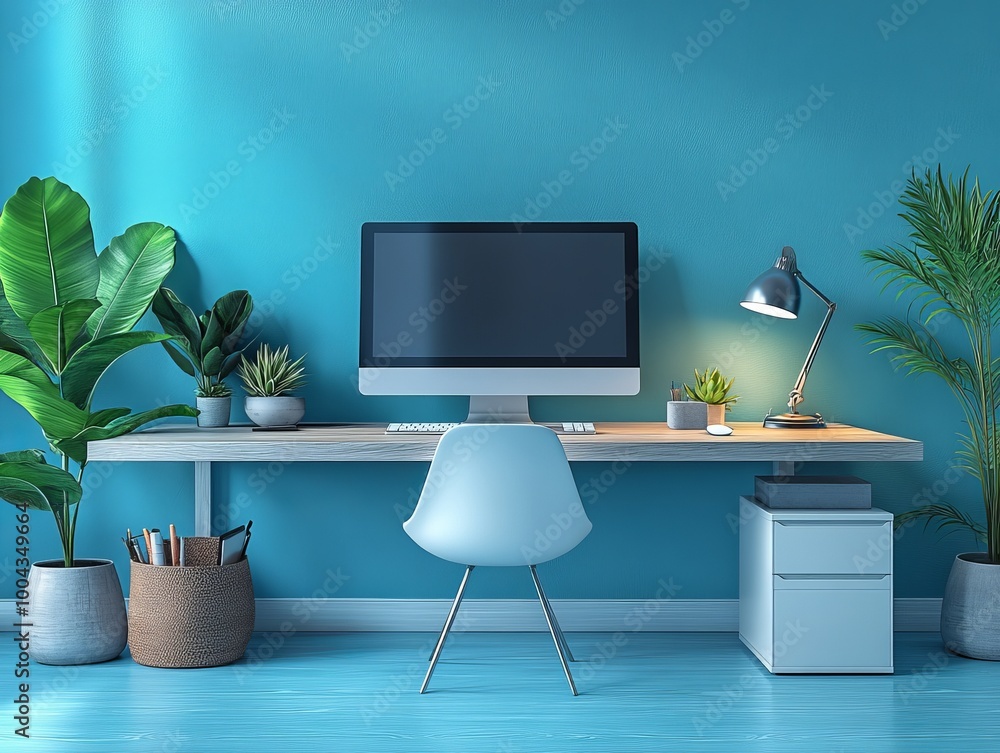 Poster monochrome minimal office table desk workspace with screen desktop