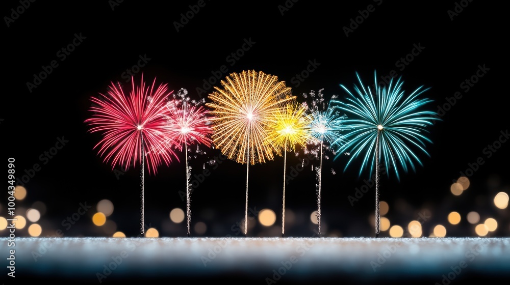 Aufkleber a nighttime scene of fireworks exploding over a lake, reflecting in the water, with the text happy n