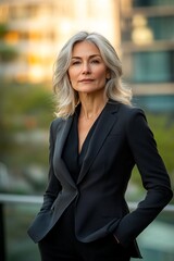 Fototapeta premium A woman in a black suit and jacket stands in front of a building
