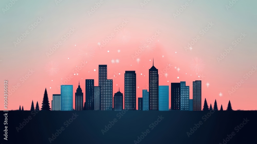 Poster a silhouette of a cityscape with fireworks exploding behind it, showcasing the contrast between the 
