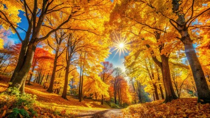Obraz premium Stunning Autumn Landscape with Vibrant Yellow Trees and Sunlight in a Colorful Forest Setting
