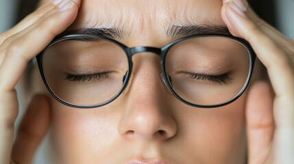 Exhausted from extensive computer use, a woman takes off her glasses, showcasing the strain on her face as she tries to alleviate eye discomfort. photo