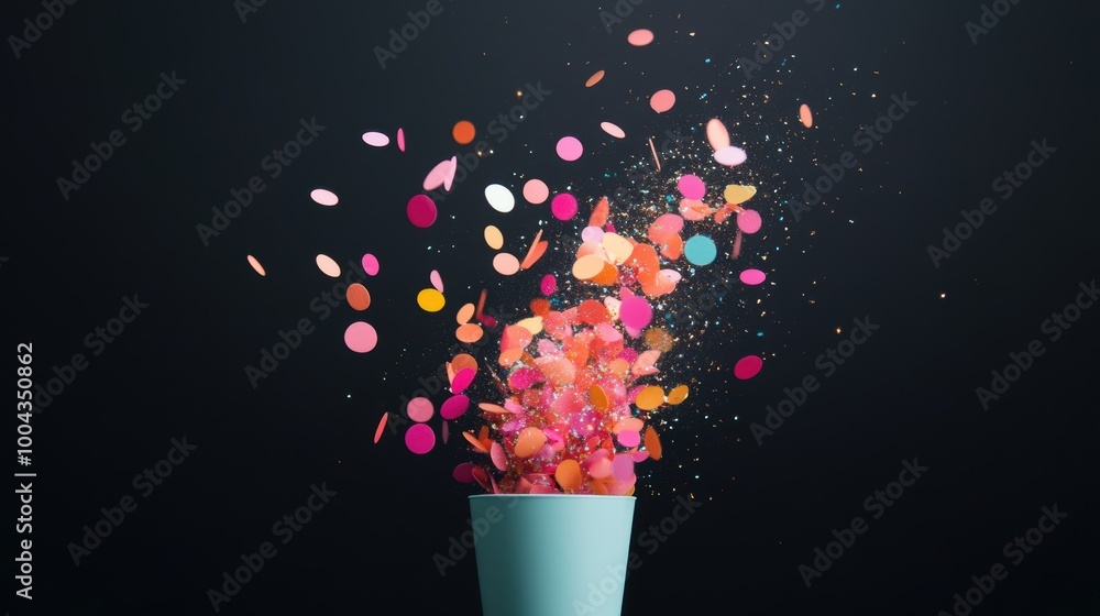 Poster confetti exploding around the text happy new year written in a bold, colorful font against a black b
