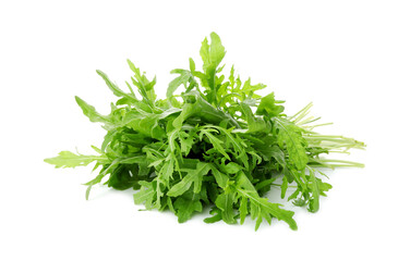 Many fresh arugula leaves isolated on white