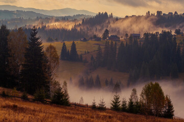 Sunrise misty morning taken in Carpathian mountains, Ukraine