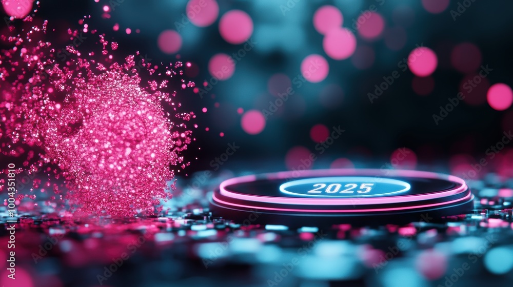 Poster 2025 projected as a hologram with abstract data visualizations swirling around it symbolizing techno
