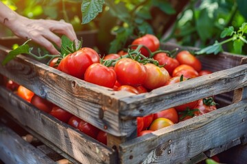 Freshly harvested ripe red tomatoes in a wooden crate, vibrant produce with natural sunlight, farmer’s hands picking tomatoes in the background, showcasing organic farming and healthy eating.