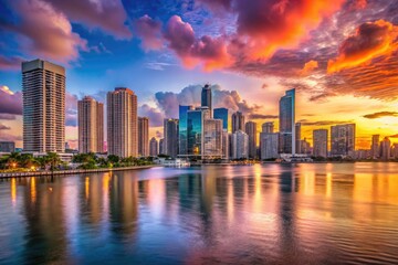 Fototapeta premium Stunning Miami city skyline view from the beautiful waterfront of Miami Beach at sunset hour