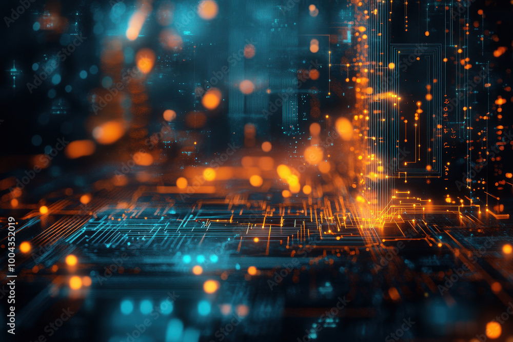 Poster a mesmerizing view of glowing circuits and dynamic data flowing through a futuristic digital landsca