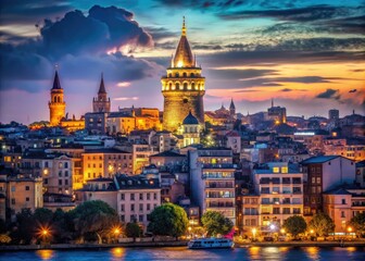 Obraz premium Stunning Night View of Galata Tower Illuminated in the Vibrant Cityscape of Istanbul, Turkey