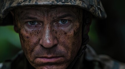 Obraz premium A soldier with a serious expression, covered in dirt, reflecting intensity and focus.