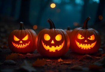 Generative AI illustration of illuminated carved pumpkins with different evil faces in darkness at Halloween night