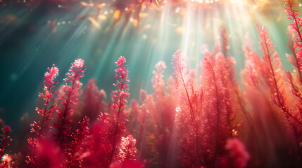 Underwater Macro Shot of Red Algae Rich in Astaxanthin with Deep Red Coloration and Texture