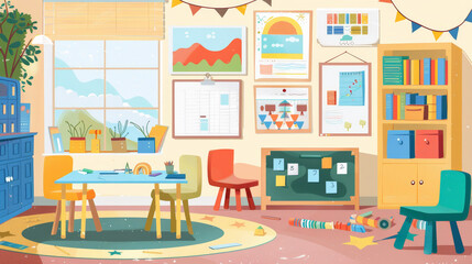 Vibrant Classroom Decorated with Educational Charts and Posters