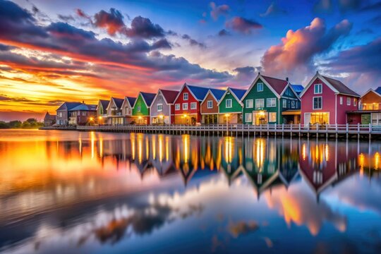 Stunning Skyline of Houten Featuring Iconic Rainbow Houses in the Netherlands at Sunset