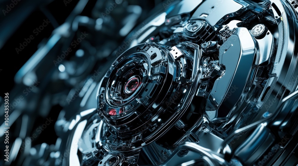 Poster a close-up of a futuristic mechanical component with intricate details and a metallic finish.