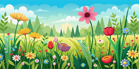 Flower landscape. Summer outdoor field scenery. Panoramic herb bloom. Herbal grass meadow. Nature green background. Beautiful floral spring garden