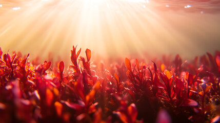 Underwater Macro Shot of Red Algae Rich in Astaxanthin with Deep Red Coloration and Texture