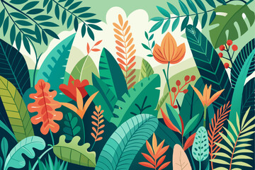 Plant and leaf background banner. Green jungle foliage poster print. Exotic forest summer card. Grass and flower tropical landscape. Garden decoration