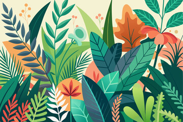Plant and leaf background banner. Exotic forest summer card. Grass and flower tropical landscape. Garden decoration. Green jungle foliage poster print