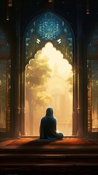 Joyful and serene muslim praying adult contemplation spirituality.