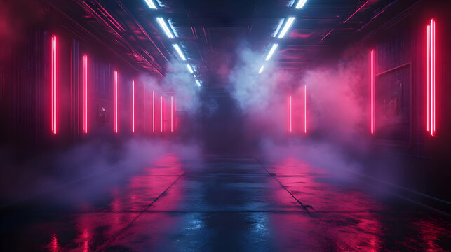 3D Neon Lights Corridor with Smoke