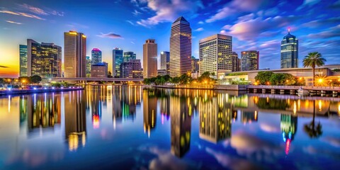 Naklejka premium Stunning Tampa Skyline at Dusk with Reflective Hillsborough River Creating a Serene Urban Scene