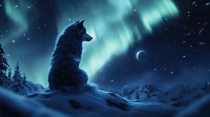 A wolf gazes at the aurora in a snowy landscape.