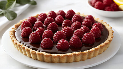 A silky chocolate tart with a buttery shortcrust and topped with fresh raspberries.