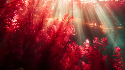 Underwater Macro Shot of Red Algae Rich in Astaxanthin with Deep Red Coloration and Texture