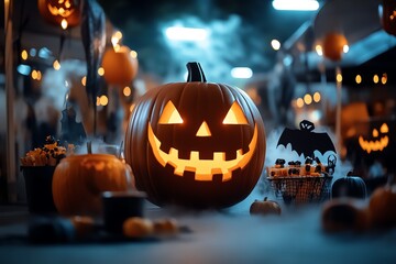 A haunted Halloween-themed street fair, with vendors selling spooky treats, eerie decorations hanging from booths, and fog rolling in from the dark streets
