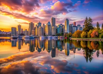 Fototapeta premium Stunning Vancouver Downtown Skyline Reflection at Sunset from Stanley Park in Canadaâ€™s Urban Landscape
