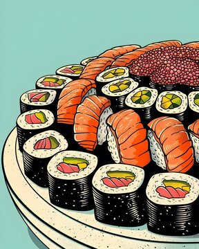 sushi platter, orange salmon, japanese food clip art preview