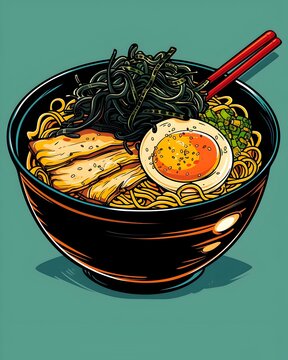recommend clip art: Vibrant Retro Inspired Ramen Bowl with Exaggerated Swirls and Colorful Toppings