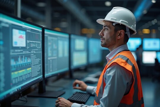 Engineer with focused concentration monitoring data screens in control room