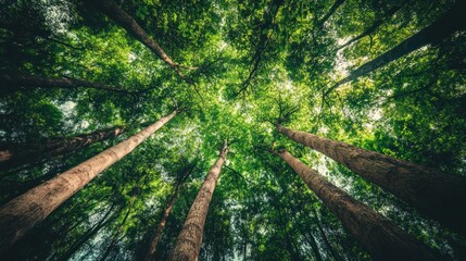 A view of tall trees and lush green leaves from the forest floor, showcasing nature's beauty.