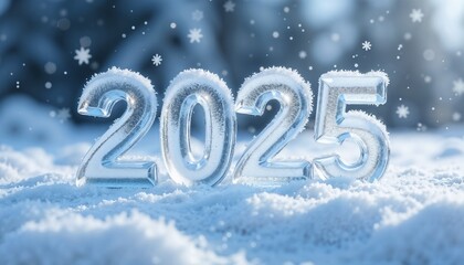 Ice numbers, 2025 in snow with falling snowflakes in a winter landscape