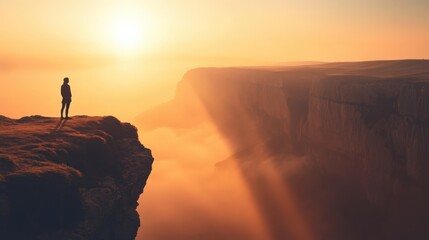 Fototapeta premium A solitary person gazes out over a vast valley from a cliff's edge as the sun sets, casting warm hues across the sky and illuminating the landscape
