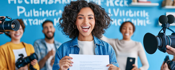 A woman joyfully holds document while surrounded by team of photographers and videographers in creative office space. vibrant blue background adds energy to scene