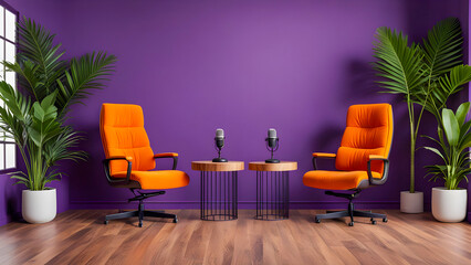A modern podcast studio setup with two orange chairs, microphones on small round tables, potted plants, and a purple accent wall in the background, perfect for content creation or interviews.
