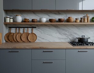 Front view of elegant interior with gray drawers under kitchen cabinet. empty wooden table and marble countertop in room. modern equipment for cooking.  Ai generated image.