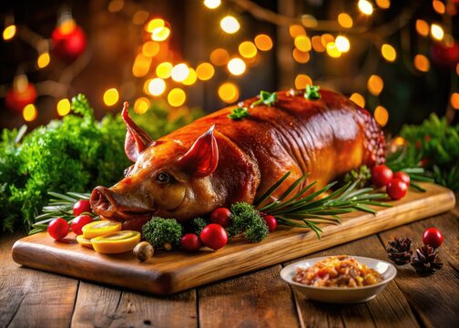 Succulent roasted lechon with crispy skin served on a wooden platter for a festive celebration feast